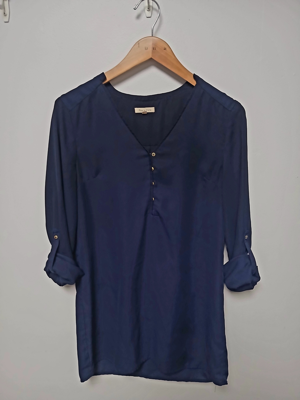 tea n rose Tunic Blouse Women's Sm Blue Sheer Chiffon Henley w/Roll Tab Sleeves